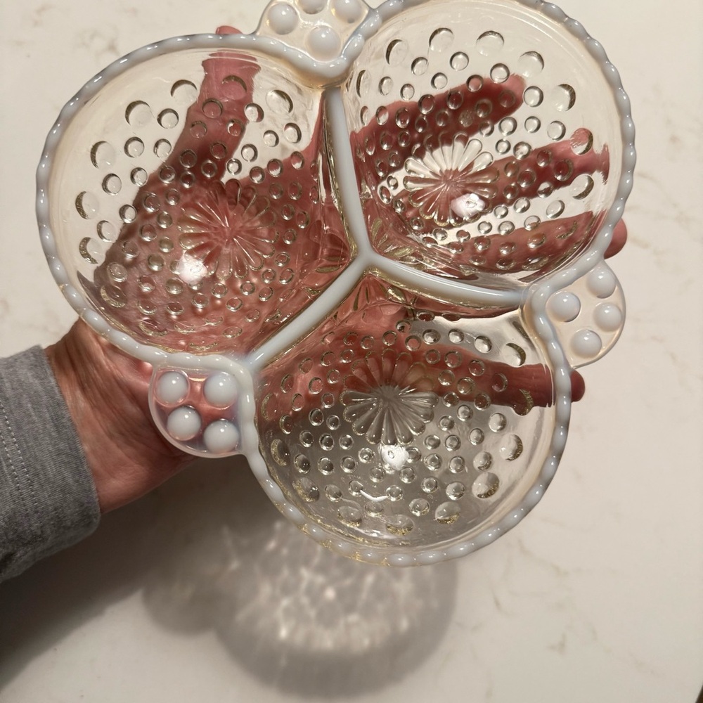 Fenton Hobnail Glass Relish Dish: Moonstone Opalescent, 3-Sectioned 1940’s